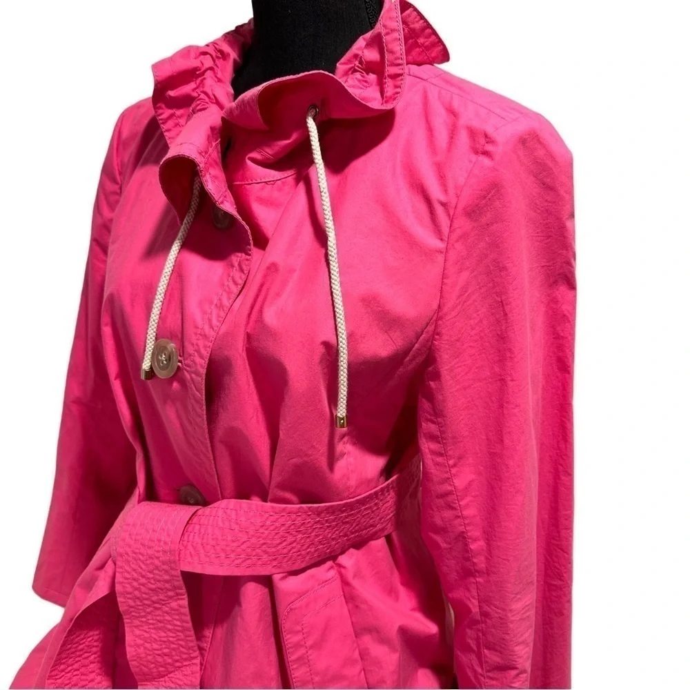 J. Crew Trench Coat Hot Pink Lightweight Lined Belted Ruffled Collar L EUC